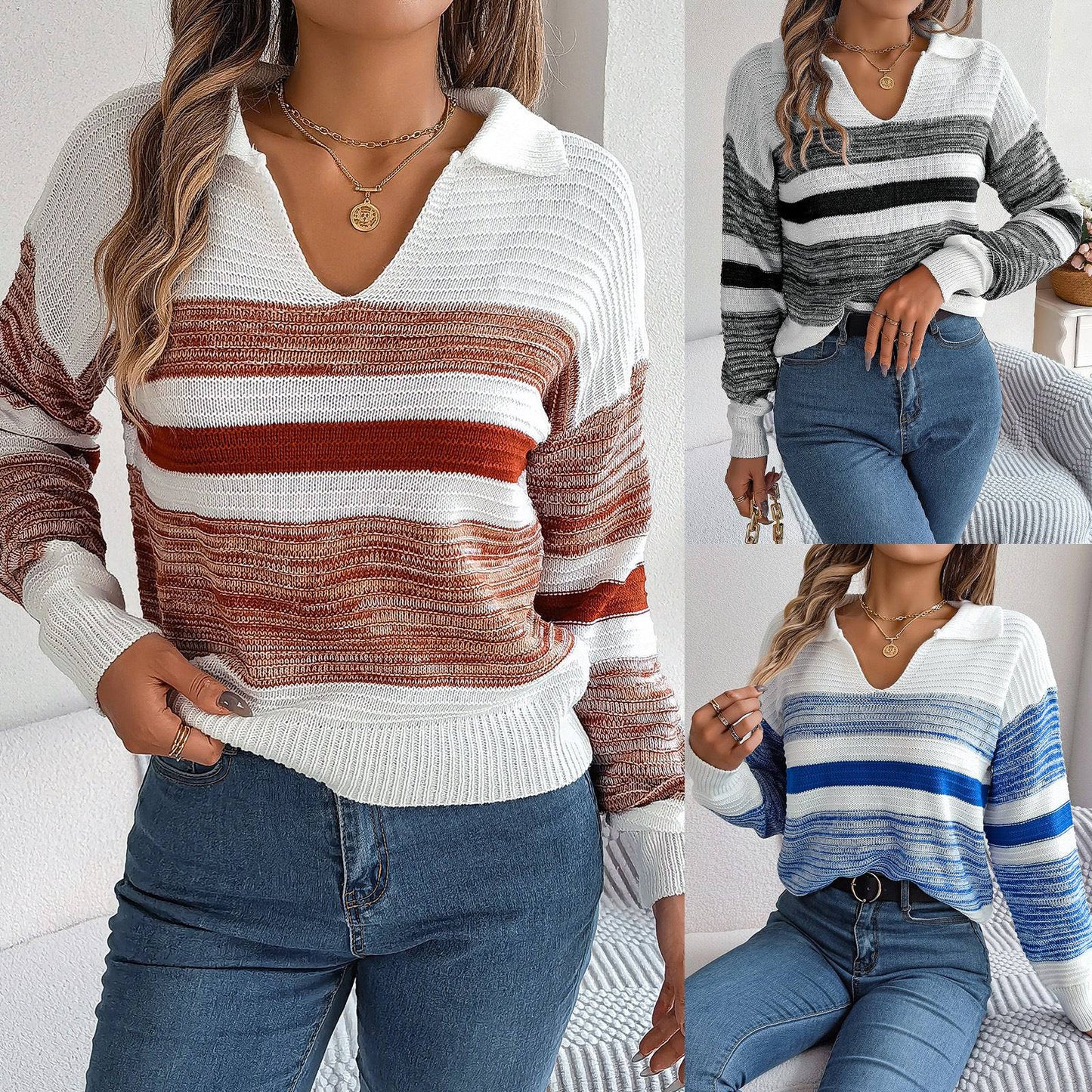 Maglione pullover lavorato a maglia a righe alla moda da donna