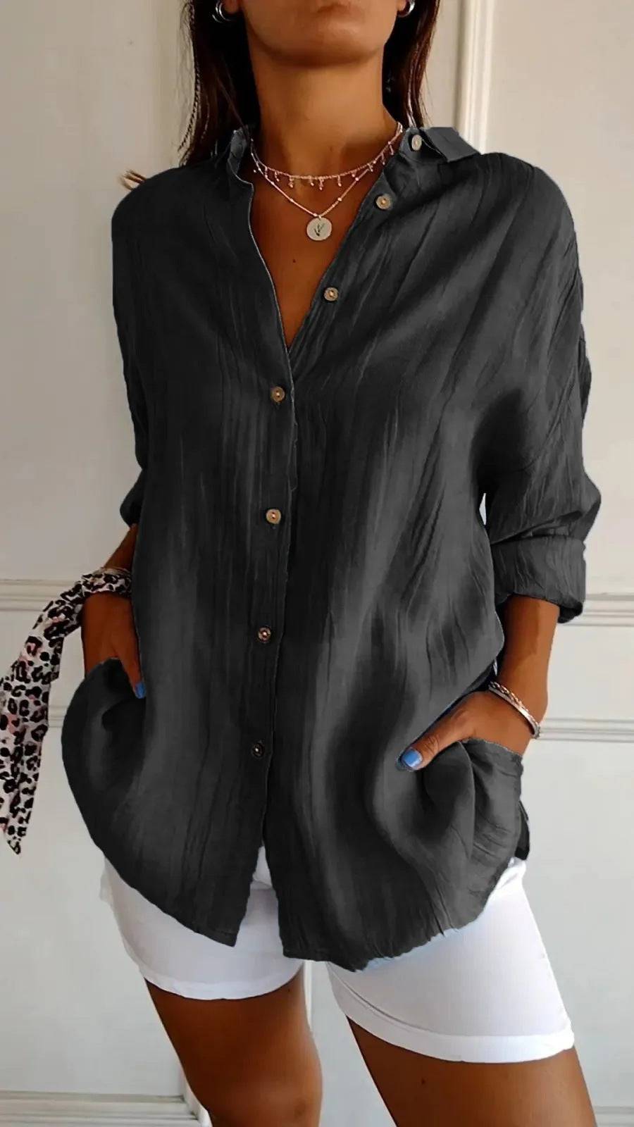 Lapel Long Sleeve Shirt Women's Single-breasted Pleated Shirt - YLORESHOP