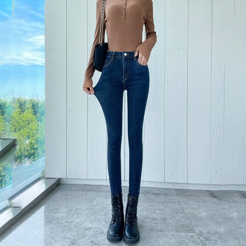 Dark Blue Jeans Women's High Waist Spring Stretch Slimming Skinny Close-fitting Fleece - YLORESHOP