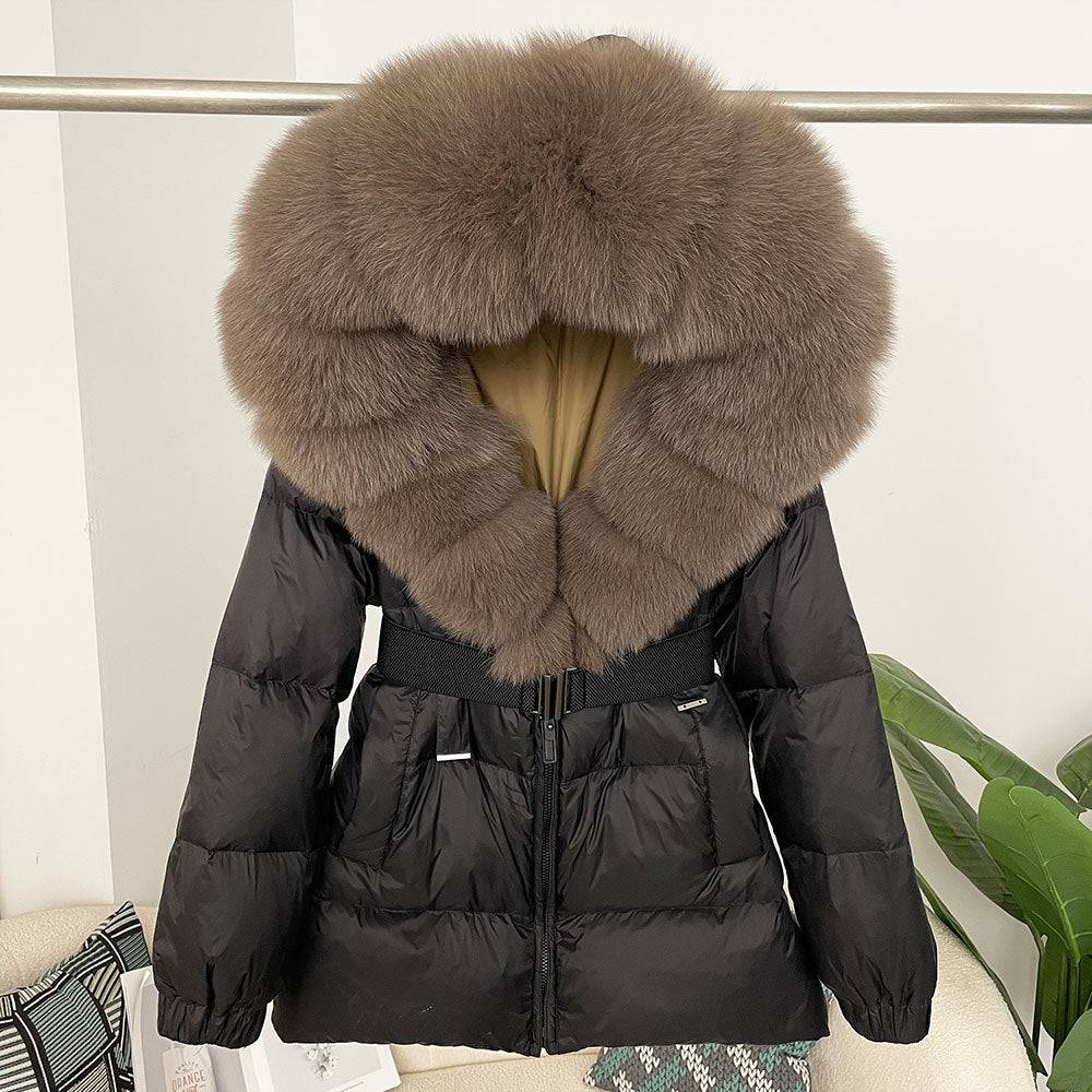 Oversized Real Fox Fur Collar Hooded White Duck Down Jacket - YLORESHOP