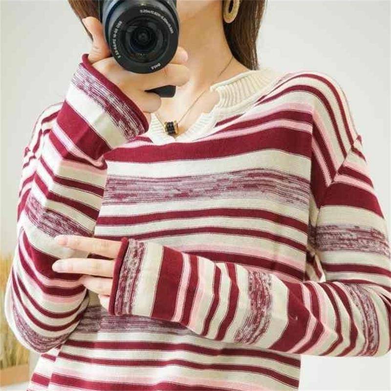 Striped V-neck Knitted Top Thin Plus Size Inner Bottoming Shirt - YLORESHOP