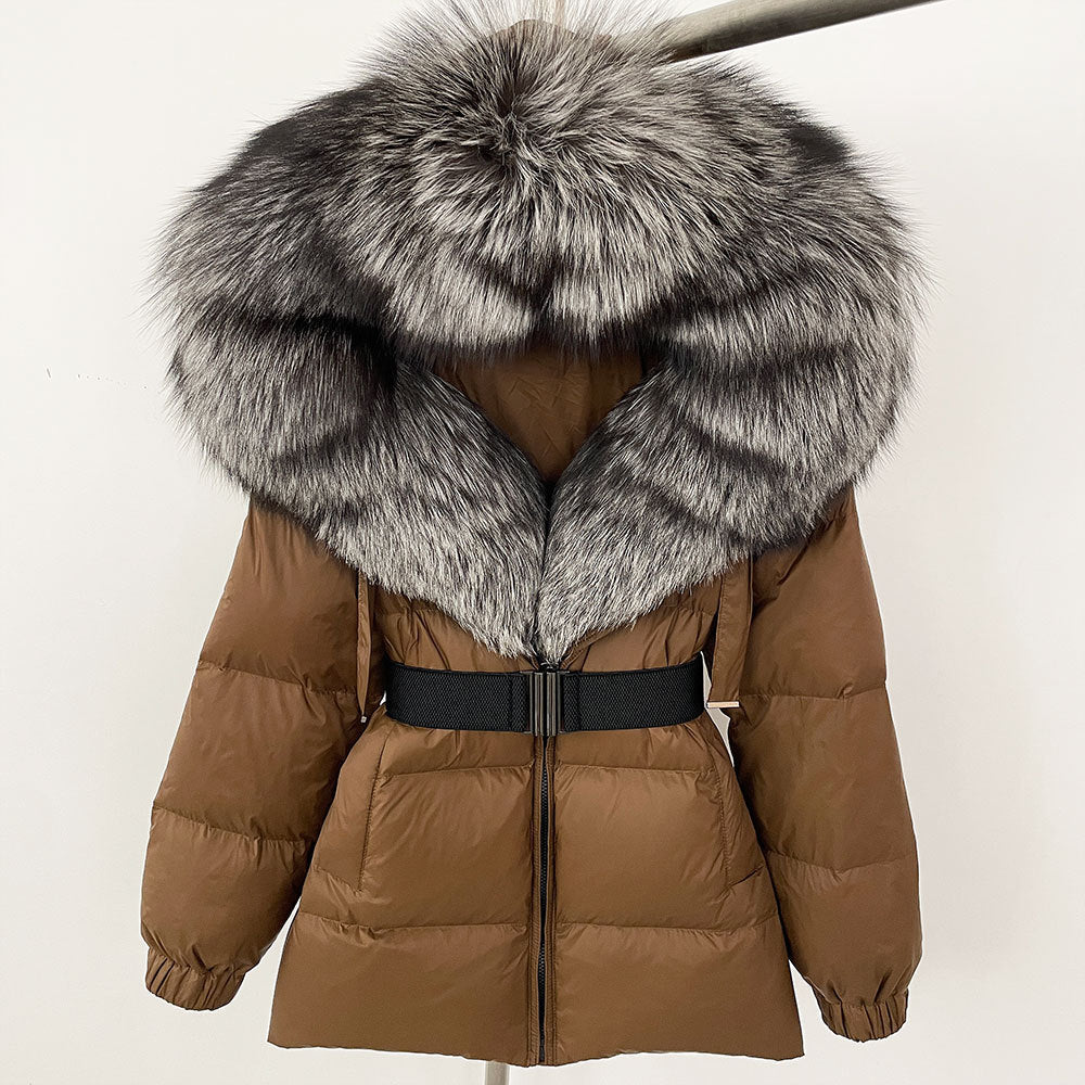 Oversized Real Fox Fur Collar Hooded White Duck Down Jacket - YLORESHOP