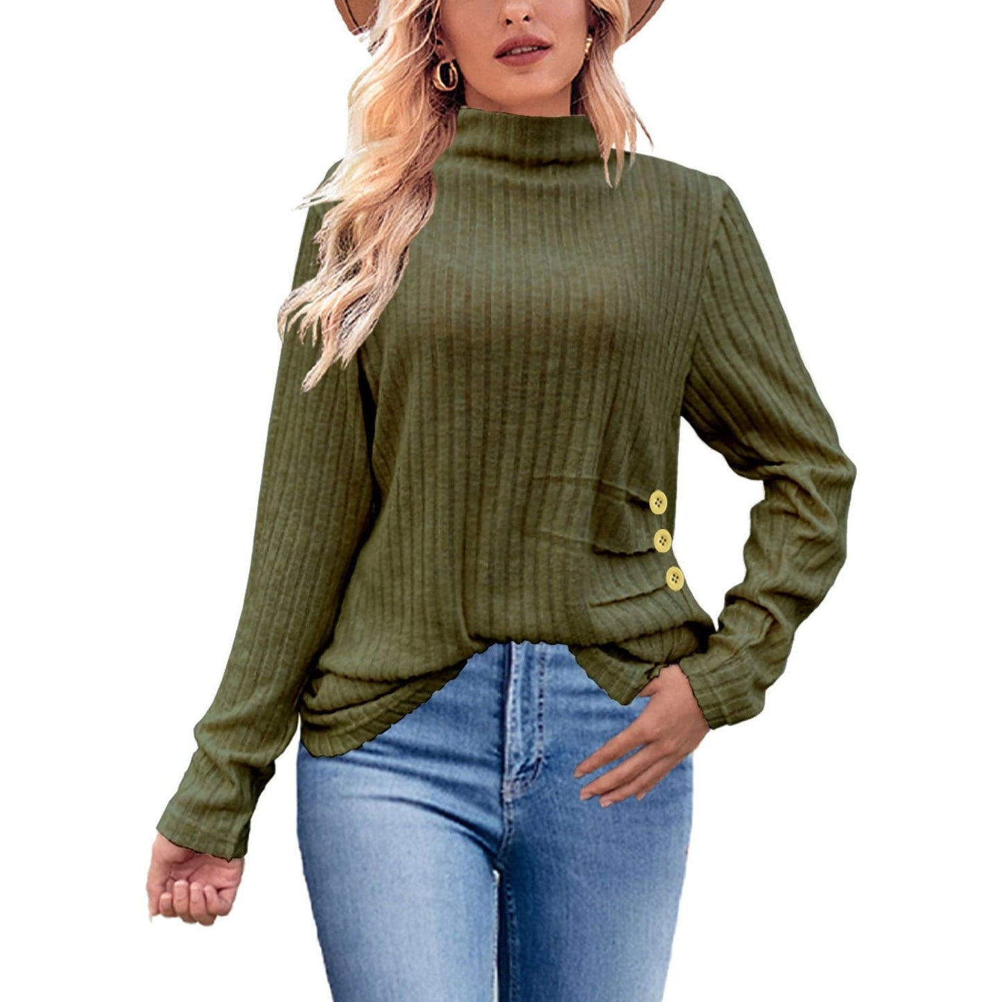 European And American Brushed Sunken Stripe Knitted Turtleneck Side Button Women's Top - YLORESHOP