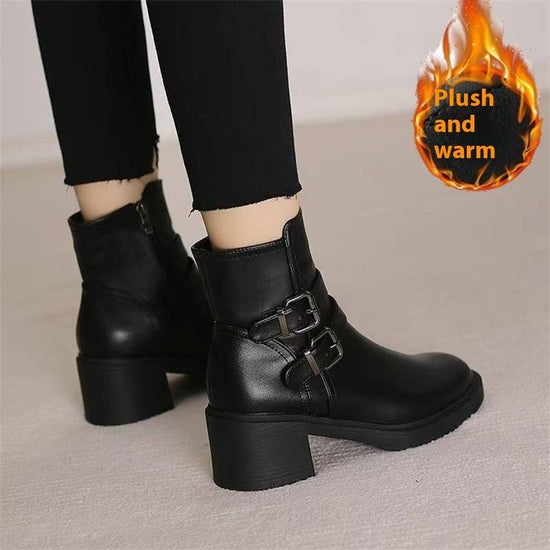 Black Belt Buckle Round Toe Mid Heel Short Boots For Women - YLORESHOP