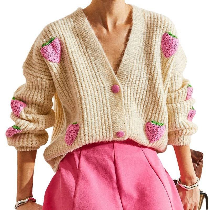 Maglione cardigan decorativo beige con scollo a V dolce