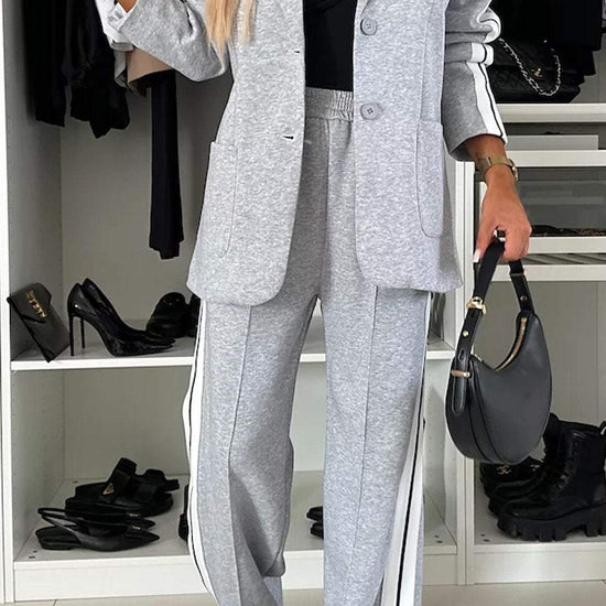Women's casual suit with single-breasted jacket and straight-leg striped trousers - YLORESHOP