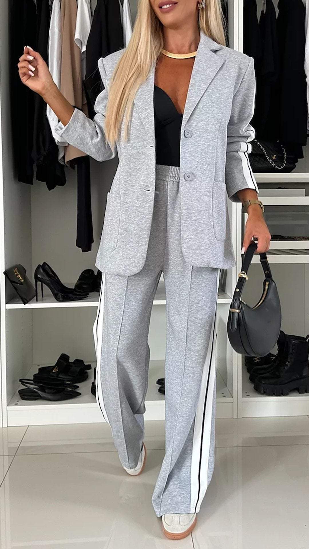 Women's casual suit with single-breasted jacket and straight-leg striped trousers - YLORESHOP