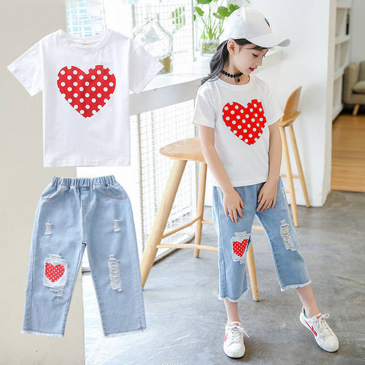 Girls White T-shirt Ripped Jeans Kids Suit - YLORESHOP