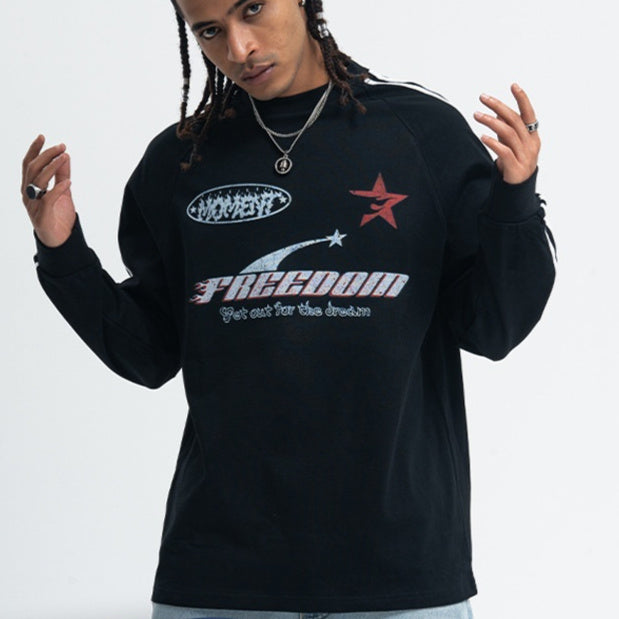 Letter Printed Raglan Three Bars Long Sleeve Bottoming Top Men - YLORESHOP