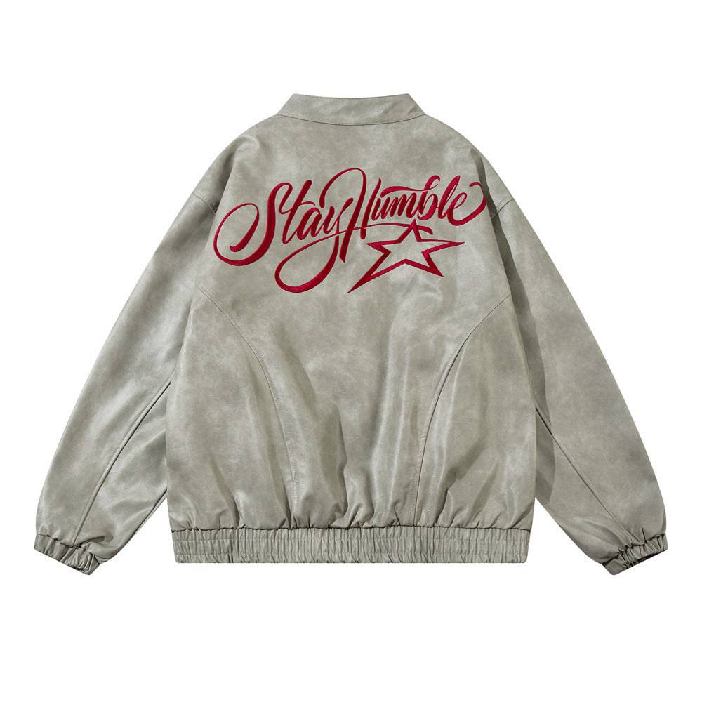 Men's Embroidered Letter Loose Leather Jacket