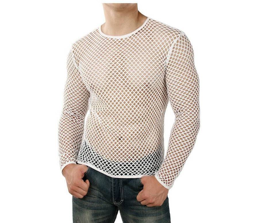 Camicia a maniche lunghe velata alla moda da strada in maglia cava civettuola con personalità da uomo