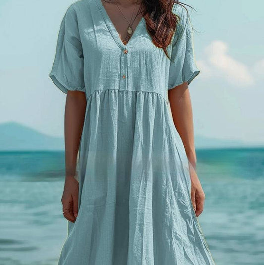 Women's Short-sleeved Cotton And Linen Swing Dress - YLORESHOP