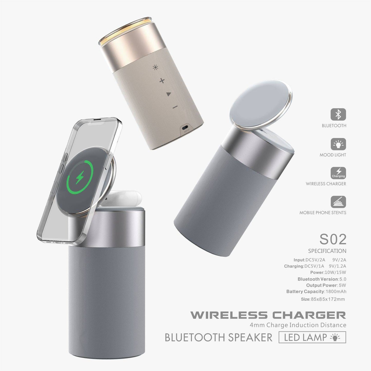 Altoparlante Bluetooth portatile con caricabatterie wireless multifunzione 3 in 1 per iPhone e AirPods con lampada touch per casa e ufficio