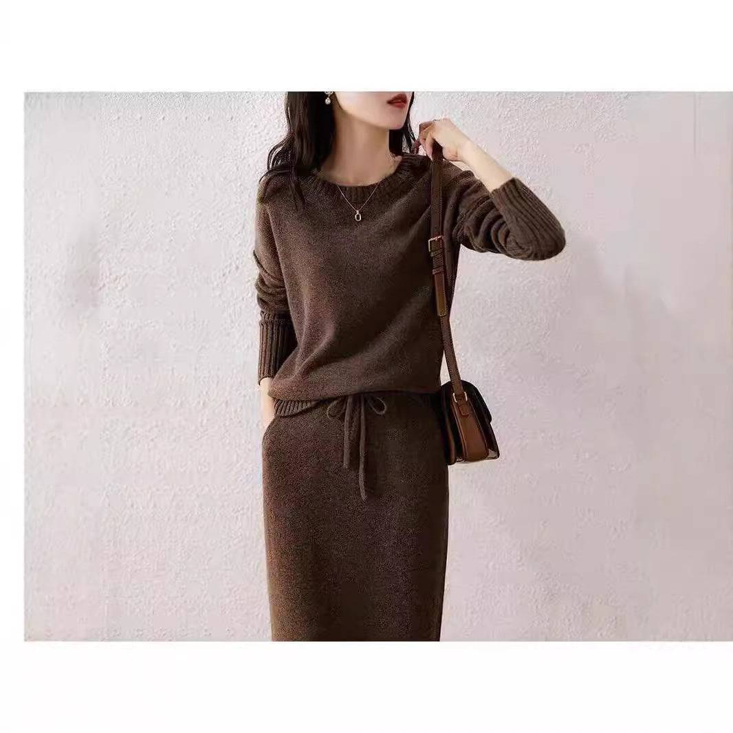 Drawstring High Waist Pure Color Wool Knitted Dress Two-piece Set - YLORESHOP