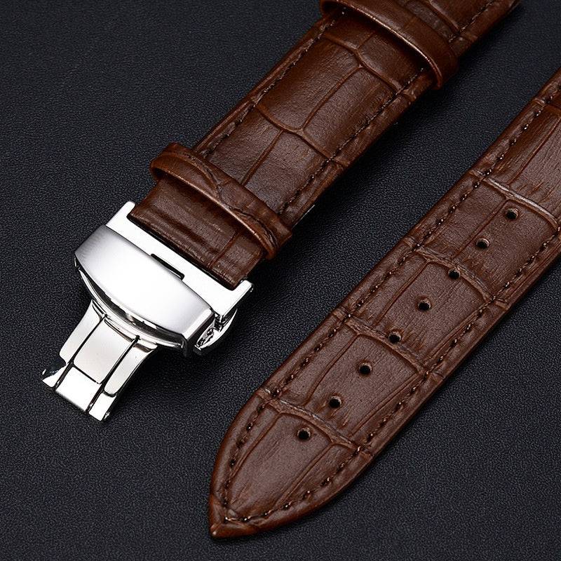 Butterfly Clasp Business Bamboo Pattern Cowhide Leather Watch Band - YLORESHOP