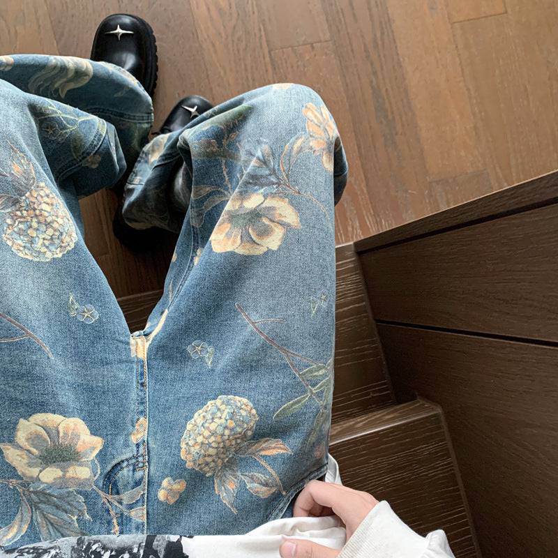 Men's Printed Floral Wide-leg Washed Jeans Mid-waist Straight Pants - YLORESHOP