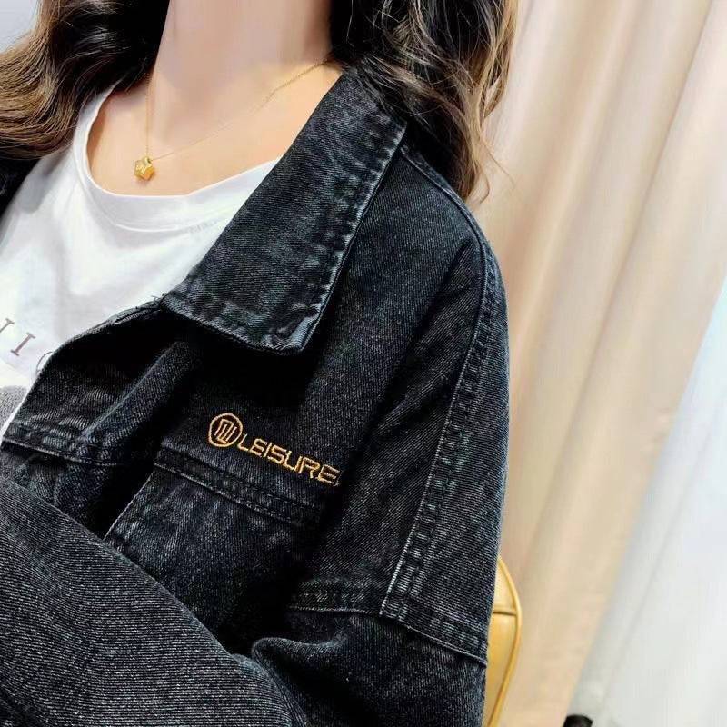 Loose Embroidered Lettered Black Denim Jacket Slimming Jacket Coat For Women