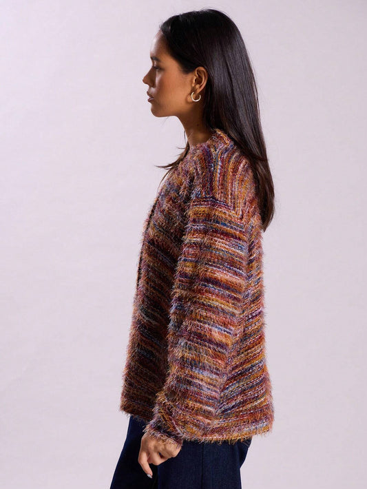 Maglione invernale a righe lavorato a maglia con bottoni, cardigan a maniche lunghe, scollo a V