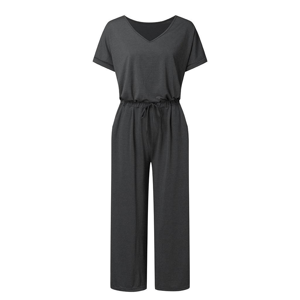 Women's Elastic Waist V-neck Wide-leg Jumpsuit - YLORESHOP