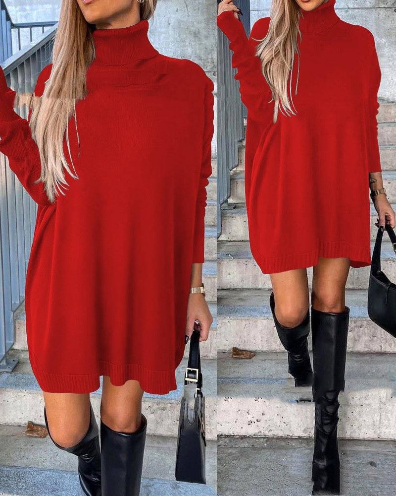 Fashion Women's Wear Turtleneck Flowy Dress - YLORESHOP