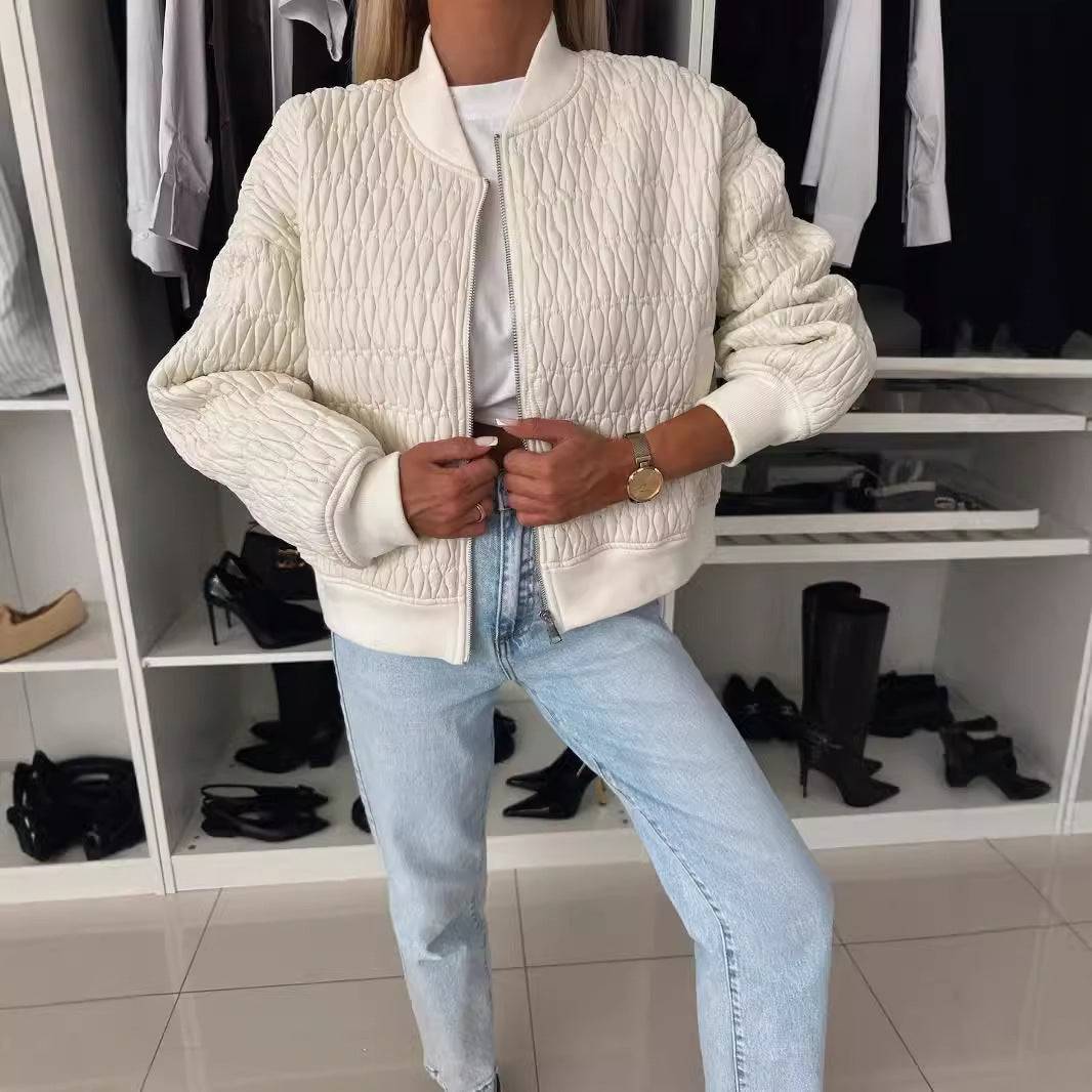 Giacca cappotto in cotone con zip corta con ricamo tinta unita