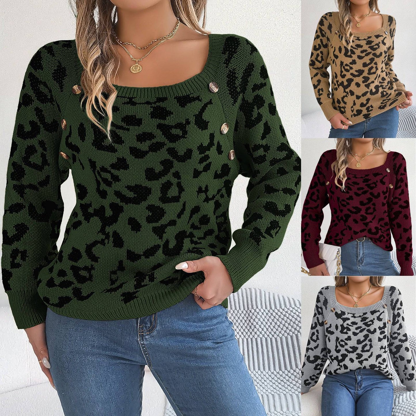 Maglione a maniche lunghe con stampa leopardata a colori a contrasto con bottoni casual e colletto quadrato