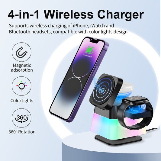 Supporto per caricabatterie wireless girevole con illuminazione colorata 4 in 1 per telefono 15 14 13 12 Pro Max 8 7 Supporto magnetico per stazione di ricarica rapida