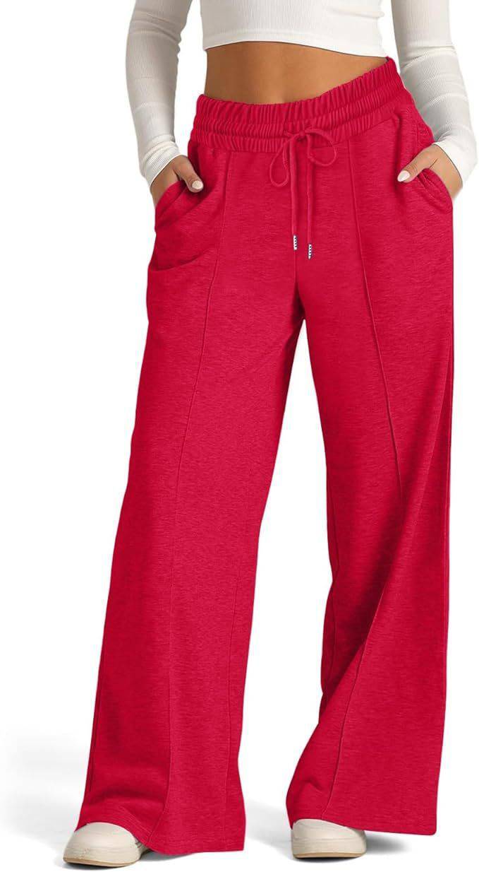 Pantaloni sportivi da donna in vita elastica con coulisse, casual, in tinta unita, a gamba larga