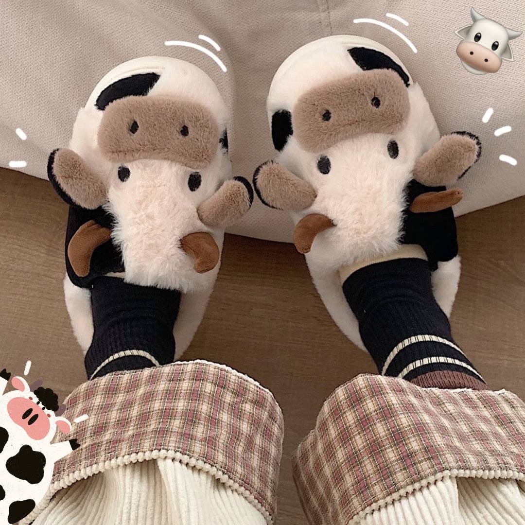 Cute Cow Animal Slipper For Women Girls Fashion Kawaii Soft Fluffy Winter Warm Slippers Woman Cartoon Milk Cow House Slippers Funny Shoes - YLORESHOP