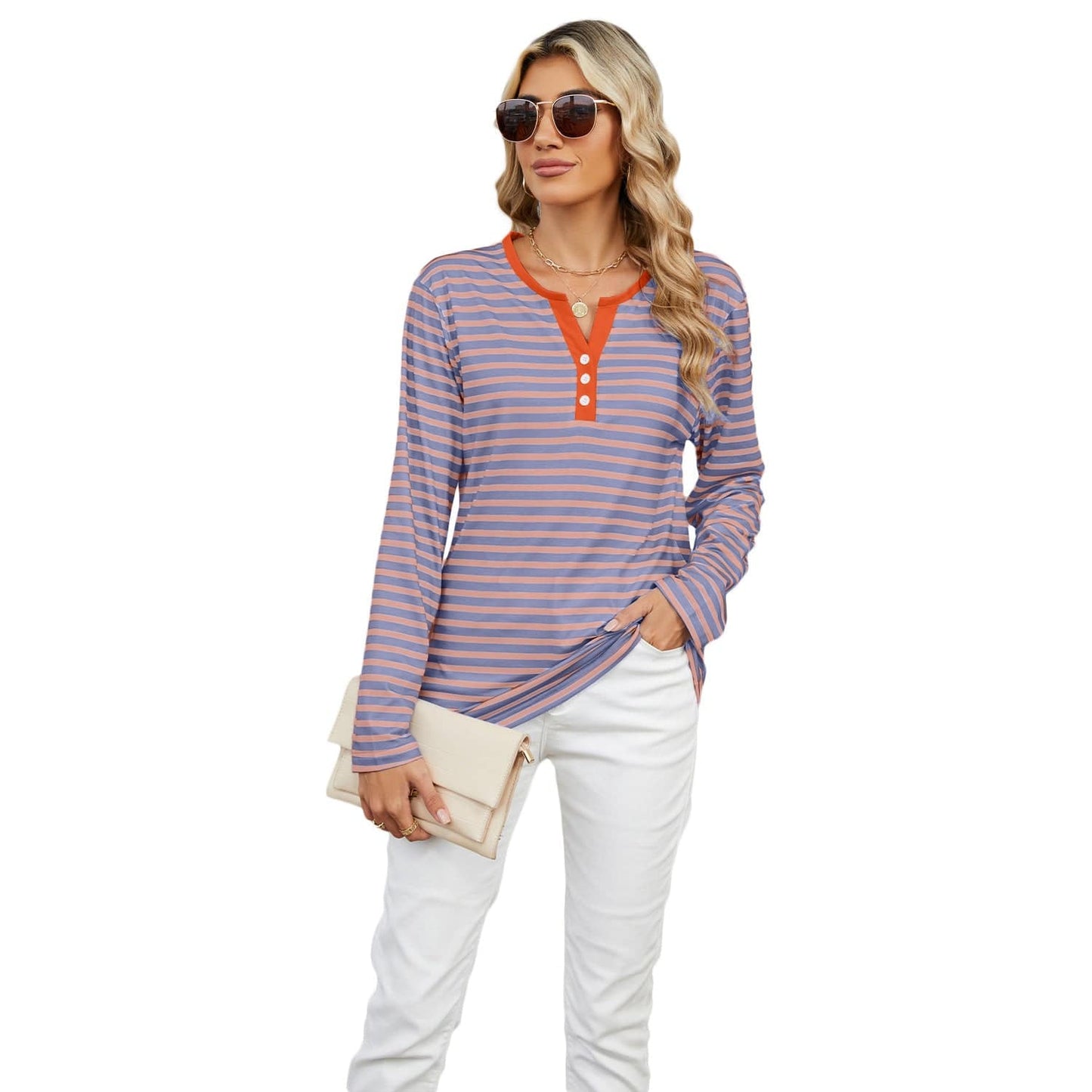 Women's V-neck Striped Loose Long-sleeved T-shirt Top - YLORESHOP