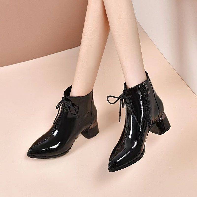 Chunky Heel Pointed Toe Mid Heel Elegant Martin Boots Patent Leather Women