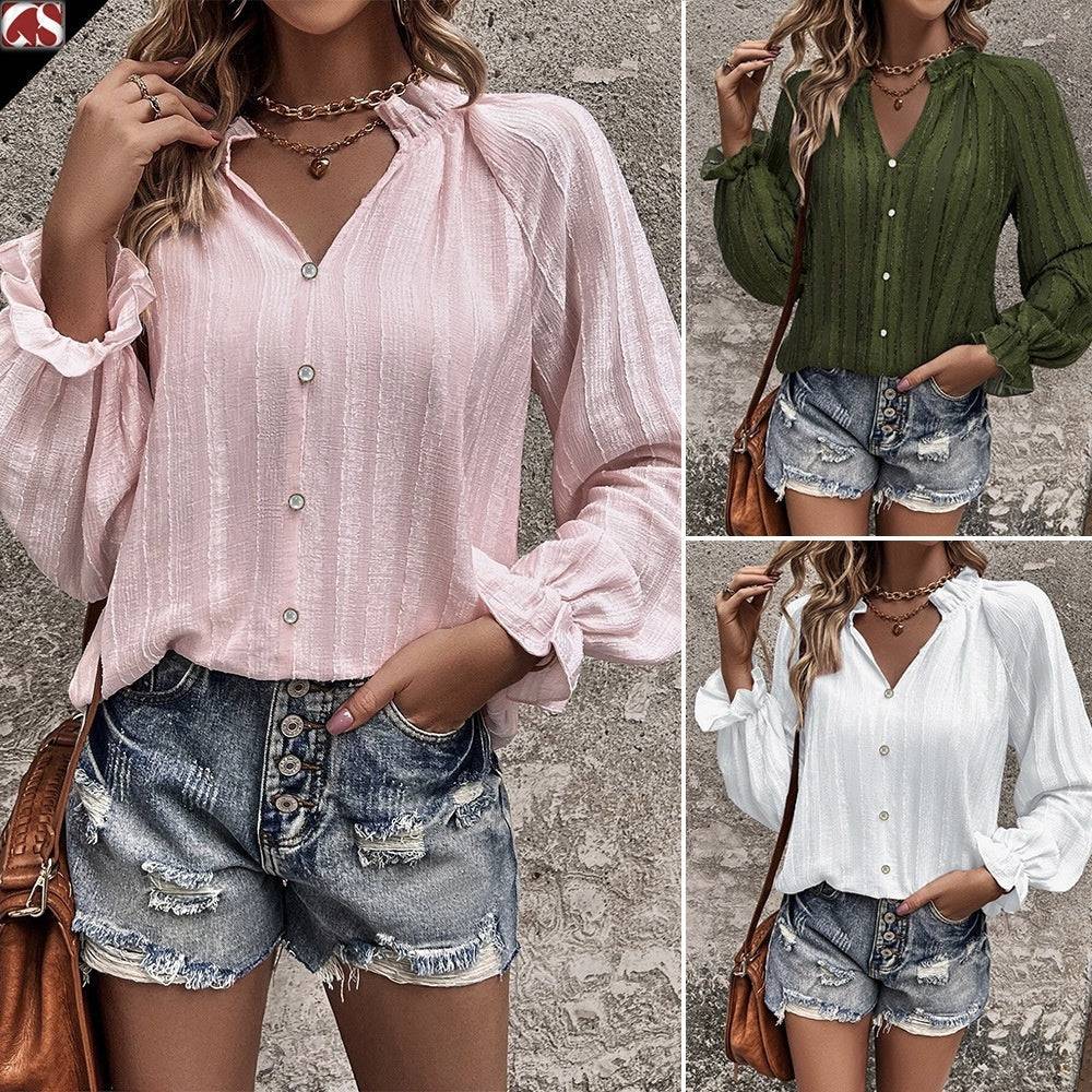 Half-open Collar Single-breasted Ruffle Sleeve Striped Shirt - YLORESHOP