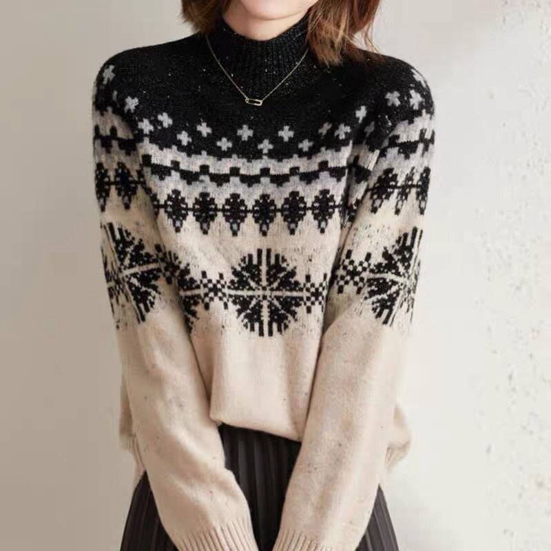 Autumn And Winter Spring New Half Turtleneck Knitted Snowflake Retro Loose Sweater - YLORESHOP