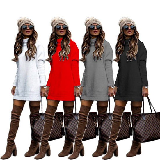 Women's New Round Neck Long Sleeve Knitted Sweater Dress - YLORESHOP