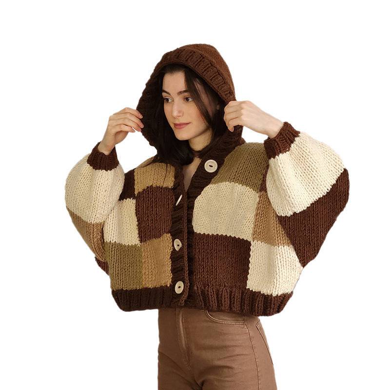 Women's Fashion Hooded Round Neck Cardigan Button Plaid Knitted Coat