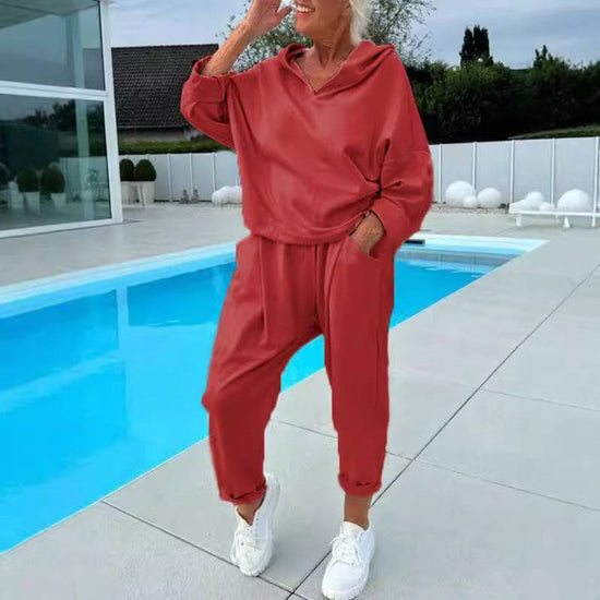 Women's Solid Color Hooded Sweatshirt Two-piece Set - YLORESHOP