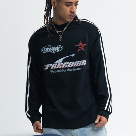Letter Printed Raglan Three Bars Long Sleeve Bottoming Top Men - YLORESHOP