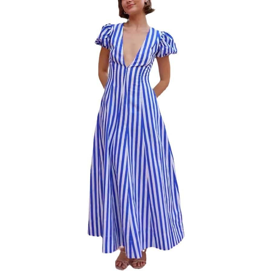 Women's Fashion Striped Puff Sleeve Dress - YLORESHOP