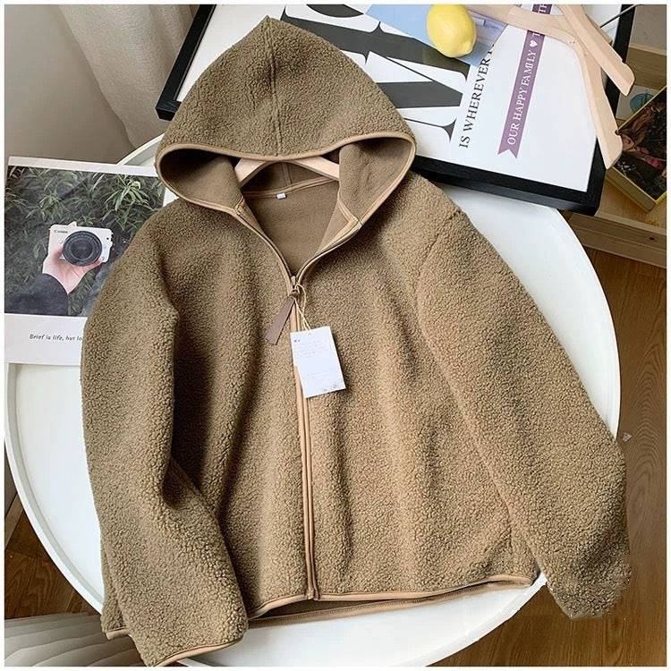 Manica lunga con cappuccio e cerniera in pile polare in finto cashmere autunno e inverno