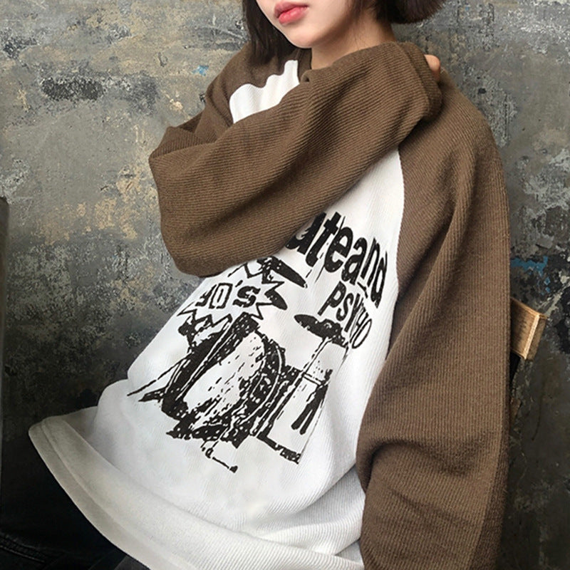 American Retro Casual Contrast Color Printed Sweater - YLORESHOP