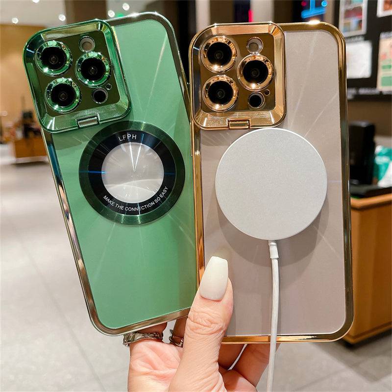 Electroplated Phone Case Luxury Plating CD Pattern Magsafe Bracket Case For 12 13 14 Pro Max Invisible Camera Stand Holder Lens Holder Magnetic Suction