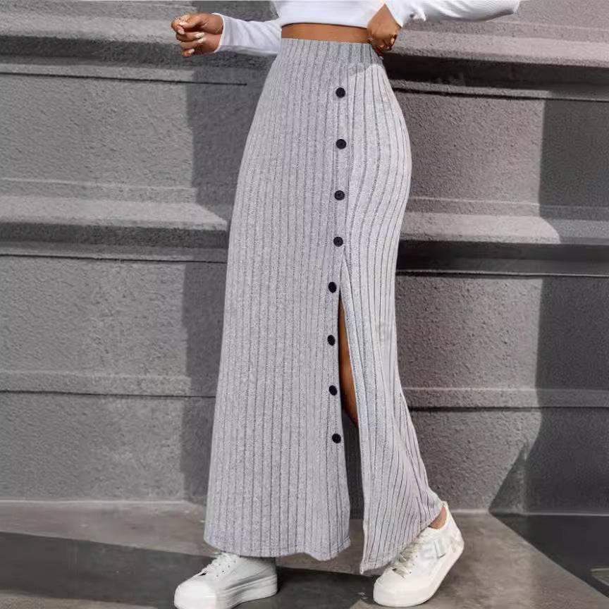 Women Knitted Dress Sunken Stripe Slit Fastener Decoration Sheath Skirt - YLORESHOP