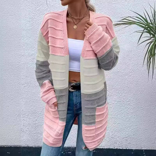 Sweater Women's 2024 Fashion Jacket With Big Pockets Autumn And Winter Long Striped Color Matching Cardigan