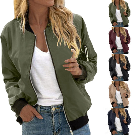 Giacca bomber vintage da donna, tinta unita, con cerniera, girocollo, casual, autunnale, elegante, da ragazza, da baseball