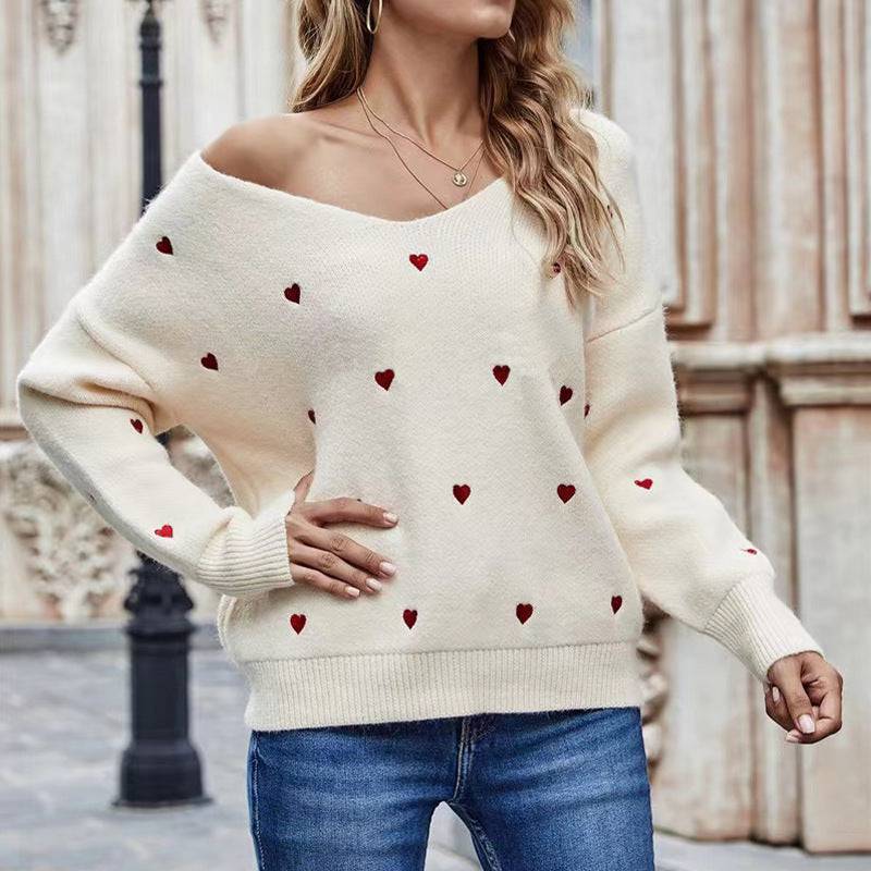 Maglione pullover a maniche lunghe da donna Top in maglia jacquard a forma di cuore tinta unita