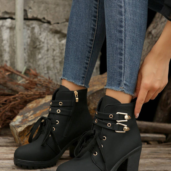 Autumn Round Head Chunky Heel High Heel Leisure Platform Lace Up Booties - YLORESHOP