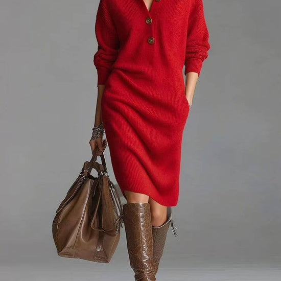 Fashionable, warm, high-neck, V-neck, button-up, casual, long-sleeved winter dress. - YLORESHOP