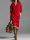 Fashionable, warm, high-neck, V-neck, button-up, casual, long-sleeved winter dress. - YLORESHOP
