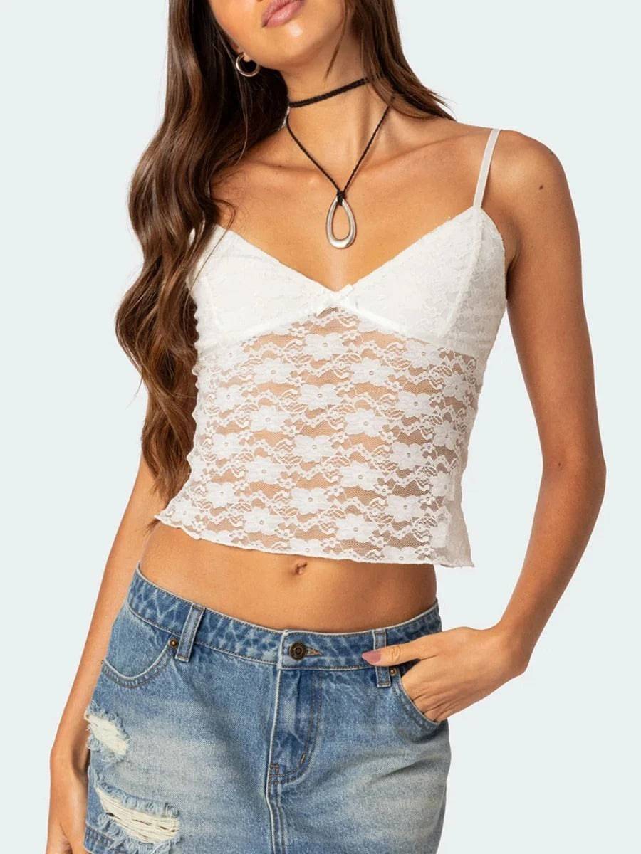 Women's Short Lace Spaghetti-strap Camisole Top - YLORESHOP