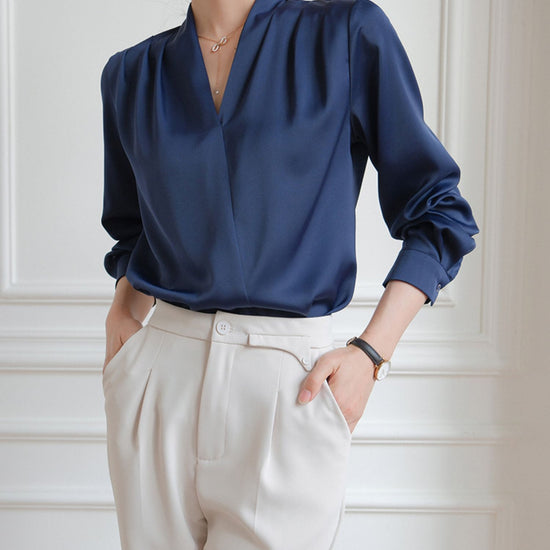 Elegant V-neck Satin Shirt Women's Commuter Formal Wear - YLORESHOP